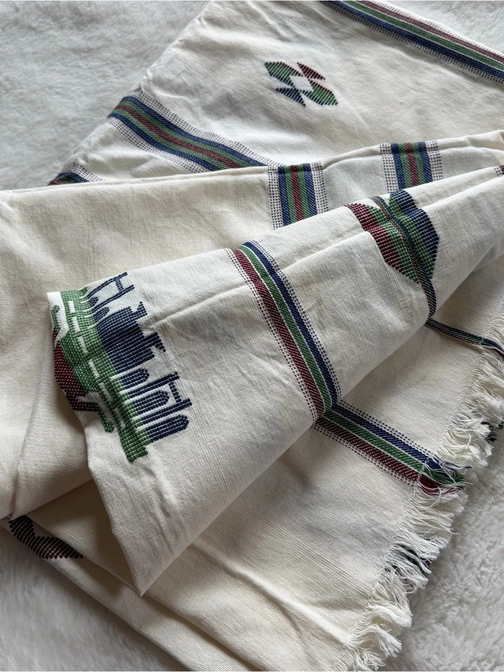 Vintage Folk Embroidered Tablecloth 68x96 Cotton Fringe